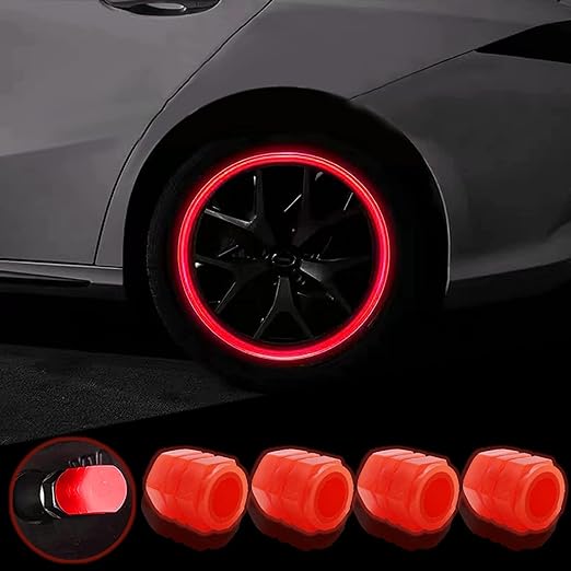 HETVIN Night Glow Wheels Cap Tire Valve Stem for Car, Air Caps Cover Fluorescent, Auto Car Wheel Valve Stem Caps Cover for Car, Bike, Bicycle, Truck (Pack of - 4, Red)