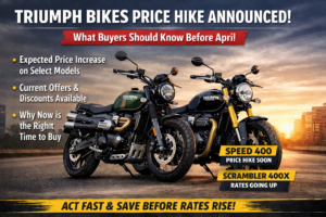 Triumph Speed 400 and Scrambler 400X bikes with price hike announcement banner highlighting latest offers and upcoming price increase in India.