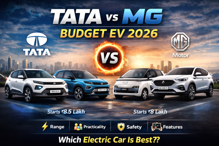 A banner that compares Tata and MG budget electric cars for 2026. It has a lot of EV models, price ranges, and features that are good for range, practicality, safety, and more.