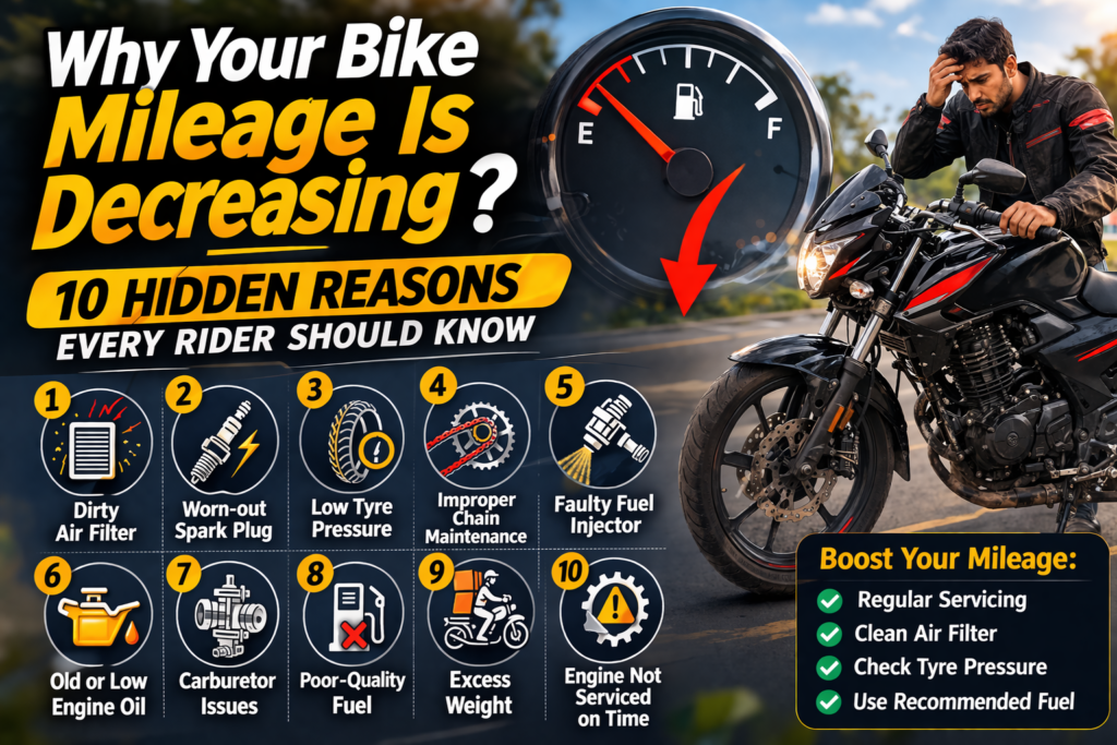 Infographic showing 10 hidden reasons why motorcycle mileage decreases including dirty air filter, low tyre pressure, old engine oil, brake dragging and fuel injector issues.