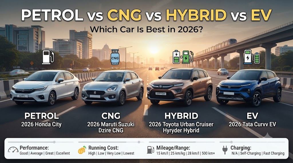 Petrol vs CNG vs Hybrid vs EV