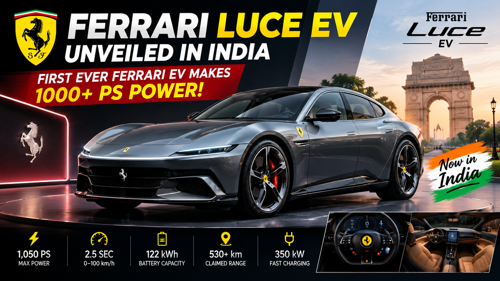Ferrari Luce EV Unveiled in India: 1,050 PS Power, 530 km Range and Price