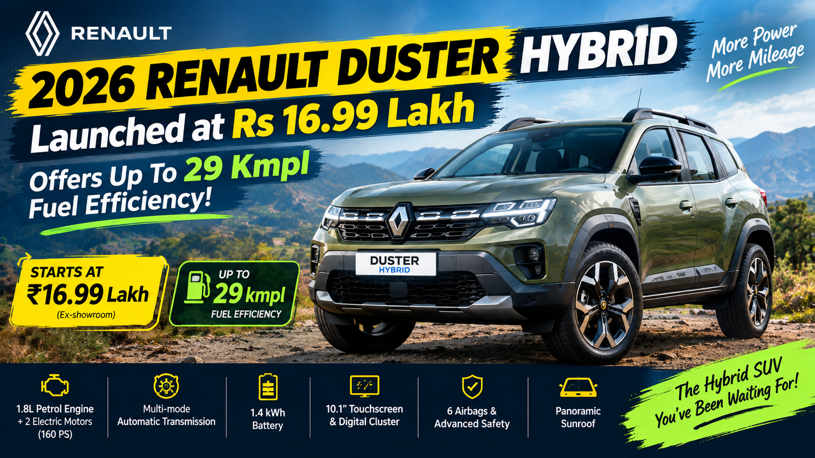 2026 Renault Duster Hybrid Launched at ₹16.99 Lakh; Offers Up to 29 kmpl Fuel Efficiency!